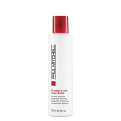 Hair styling glaze bottle with red cap, white label