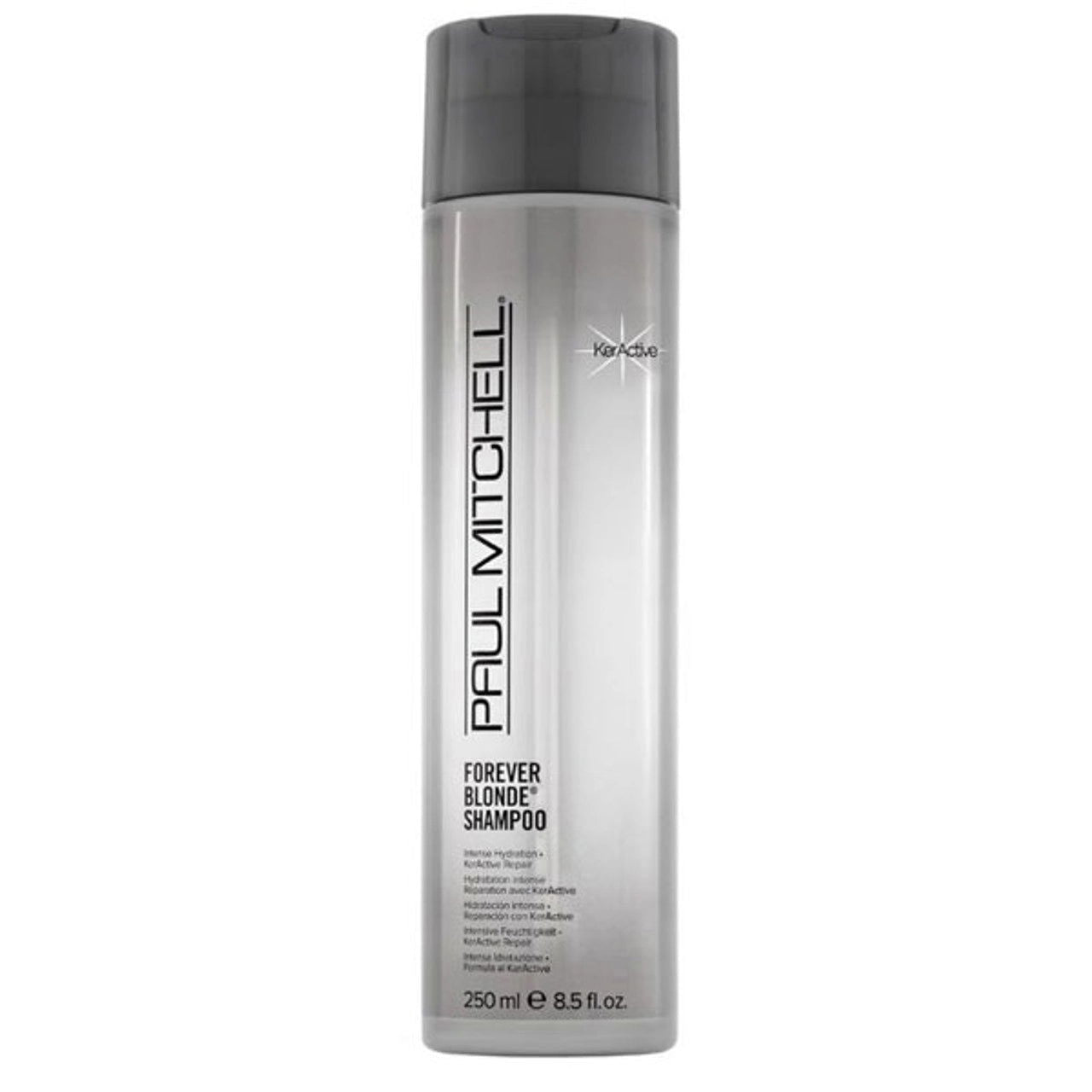 Paul Mitchell Forever Blonde shampoo bottle, 250 ml, gray cap and clear label