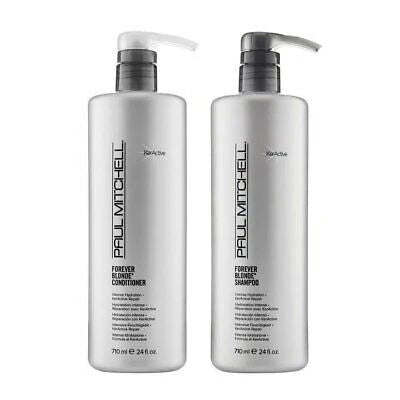 Paul Mitchell Forever Blonde shampoo and conditioner duo bottles, silver caps, white labels