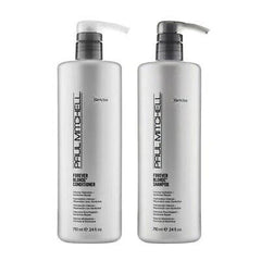Paul Mitchell Forever Blonde shampoo and conditioner duo bottles, silver caps, white labels