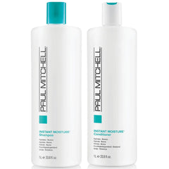 Paul Mitchell instant moisture shampoo and conditioner duo, white bottles with teal caps