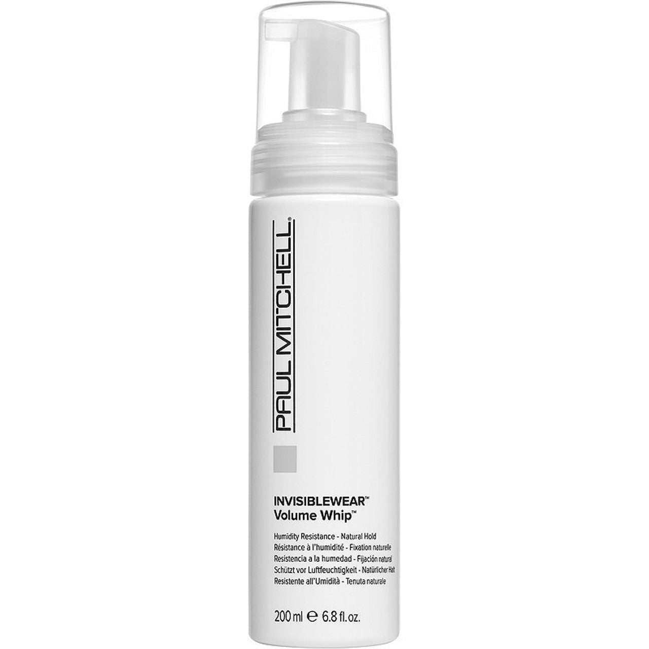 Hair volume whip mousse bottle with clear pump, white bottle and label