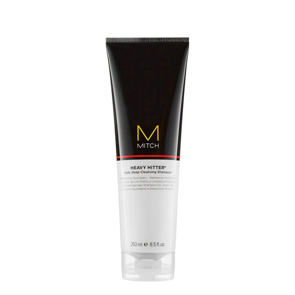 Heavy Hitter deep cleansing shampoo tube with black cap and Mitch logo, 250 ml