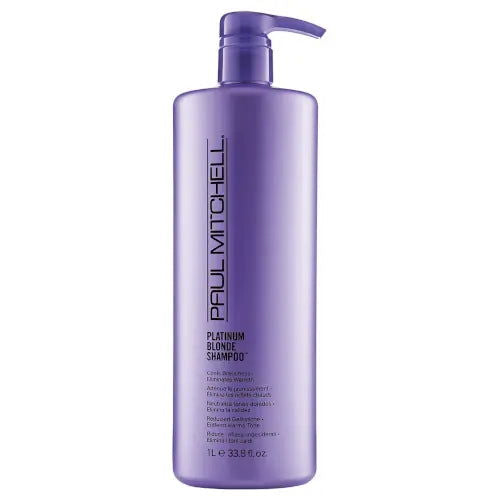 Platinum Blonde shampoo bottle with pump, purple bottle, Paul Mitchell logo
