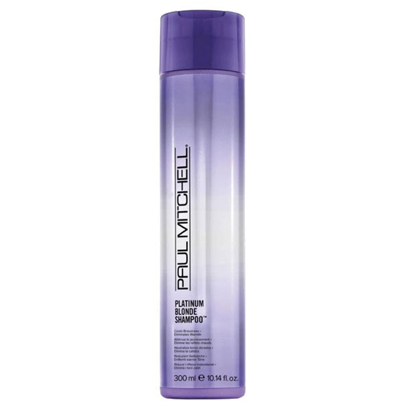 Paul Mitchell Platinum Blonde shampoo bottle, purple translucent bottle with cap