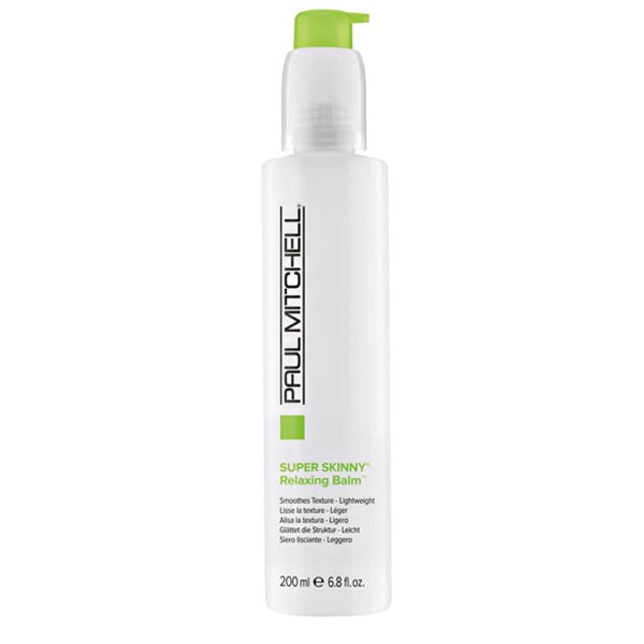 Hair smoothing relaxing balm bottle with pump, white with green label.