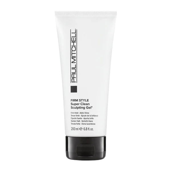 Hair styling gel tube, white with black cap and label, firm style super clean sculpting gel