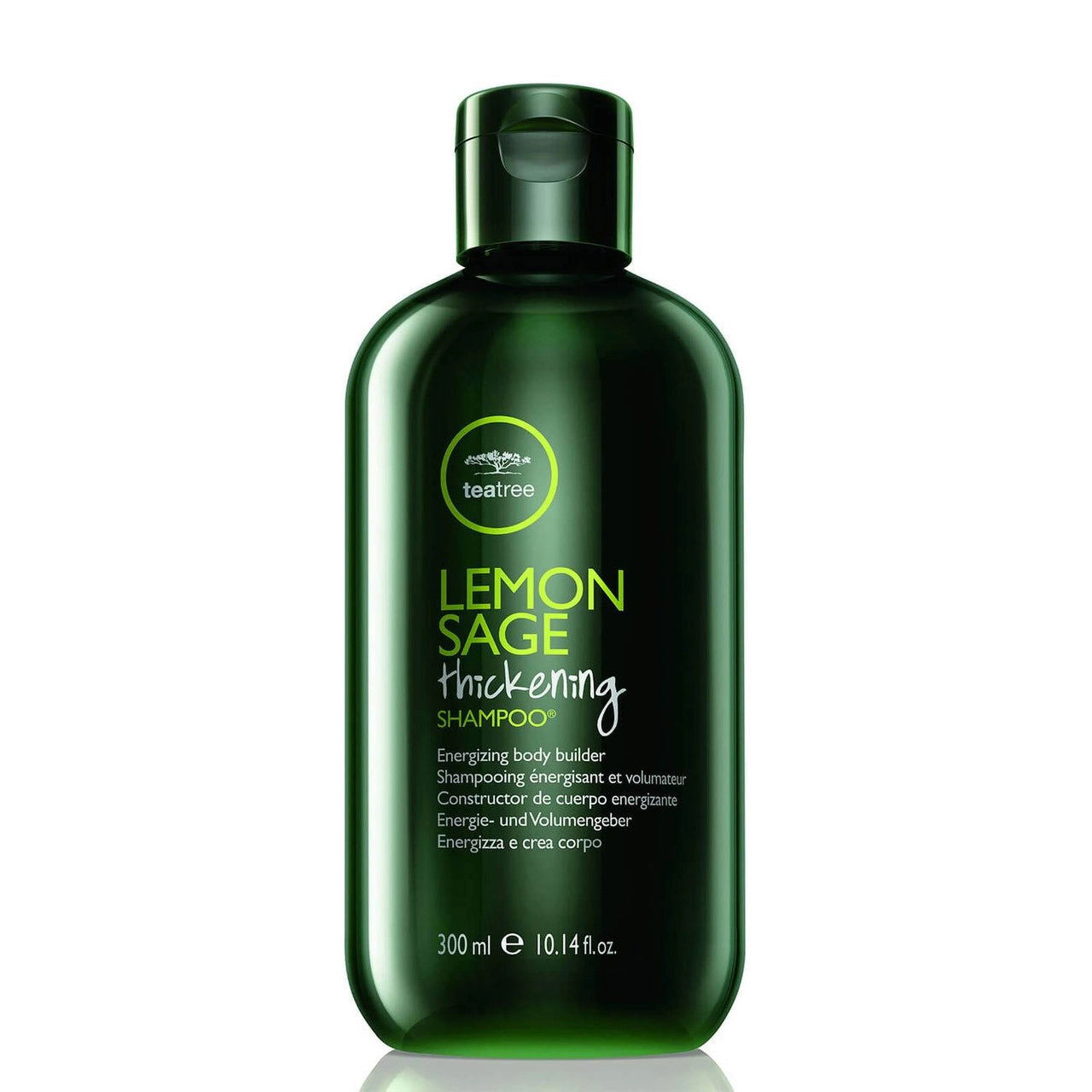 Paul Mitchell Tea Tree Lemon Sage Thickening shampoo bottle, 300 ml, dark green