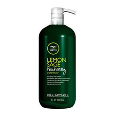 Thickening shampoo bottle with pump, dark green bottle and Lemon Sage label