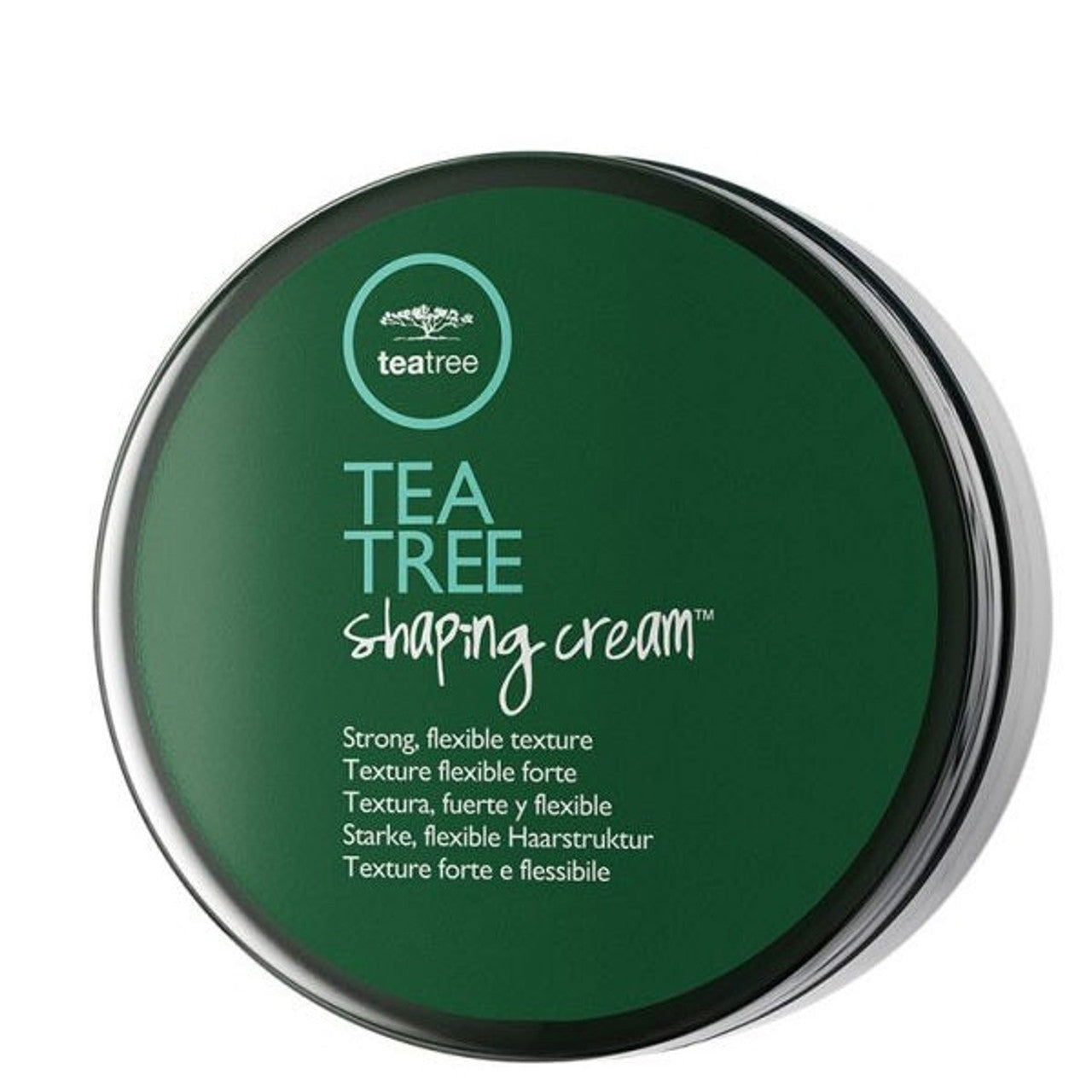 Hair shaping cream jar with dark green label and teal 'Tea Tree Shaping Cream' text
