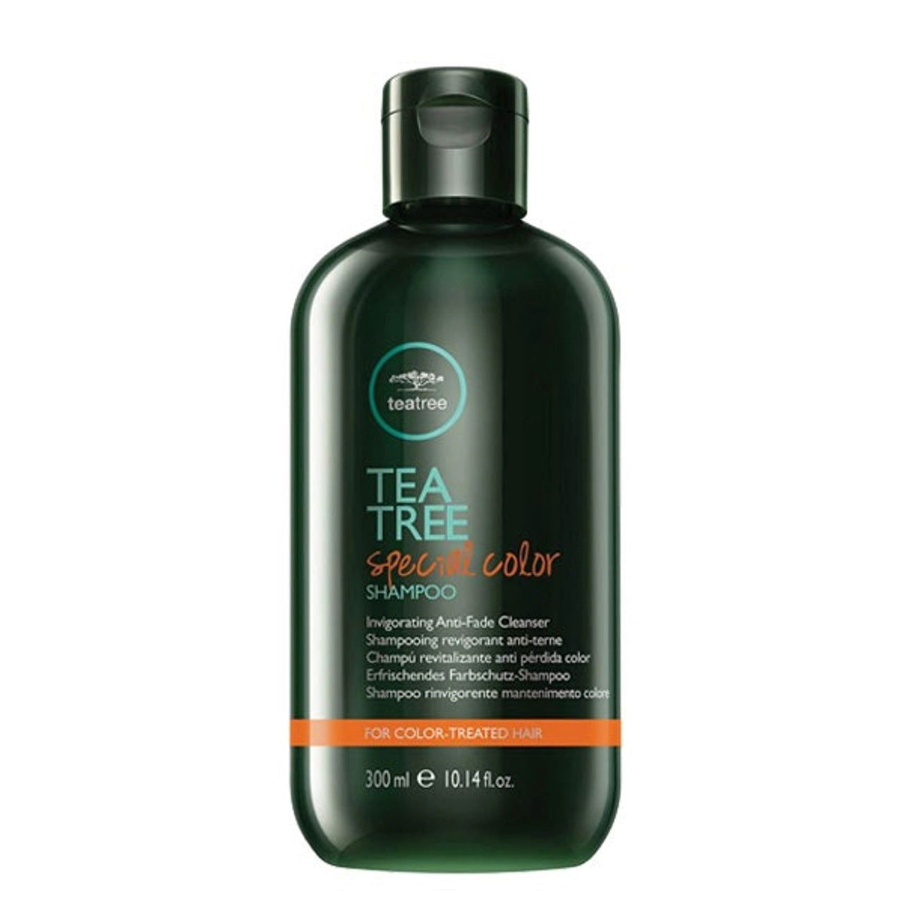 Paul Mitchell Tea Tree color shampoo bottle, dark green with black cap, 300 ml