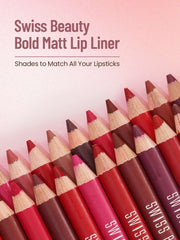 Row of bold matt lip liners in red and pink shades with sharpened tips