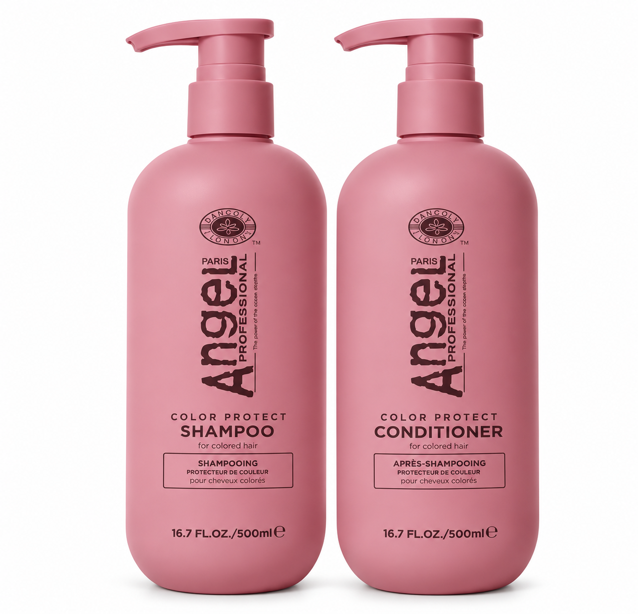 Angel Professional Color Protect Shampoo and Conditioner duo, two pink 500 ml pump bottles