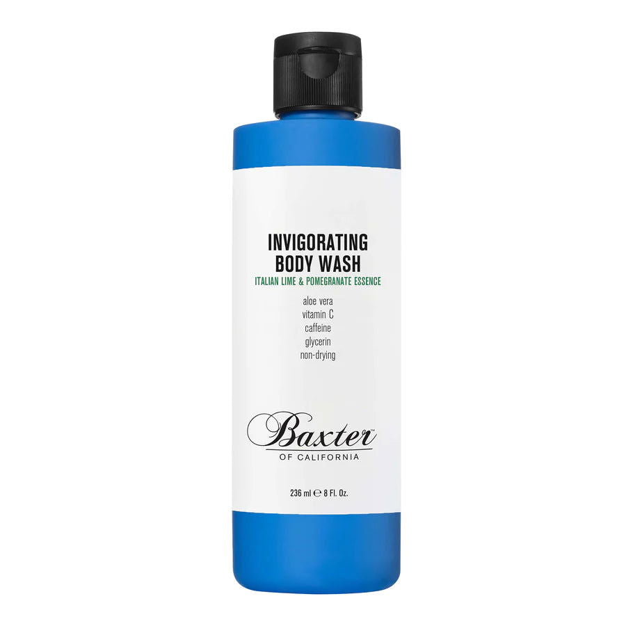 Baxter of California body wash bottle, black cap, blue-and-white label
