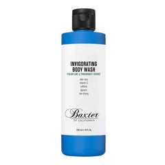 Baxter of California body wash bottle, black cap, blue-and-white label
