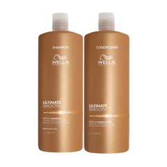 Ultimate Smooth shampoo and conditioner bottles, two tall amber pumps with white caps