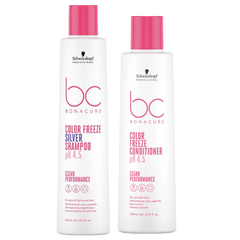 Hair care silver shampoo and conditioner bottles, white with pink caps, BC Bonacure