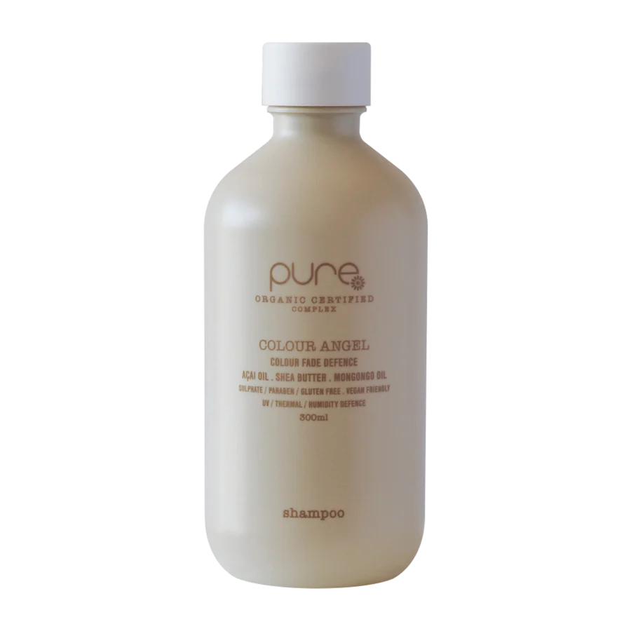Colour Angel organic shampoo bottle, 300 ml, light beige with white cap and label