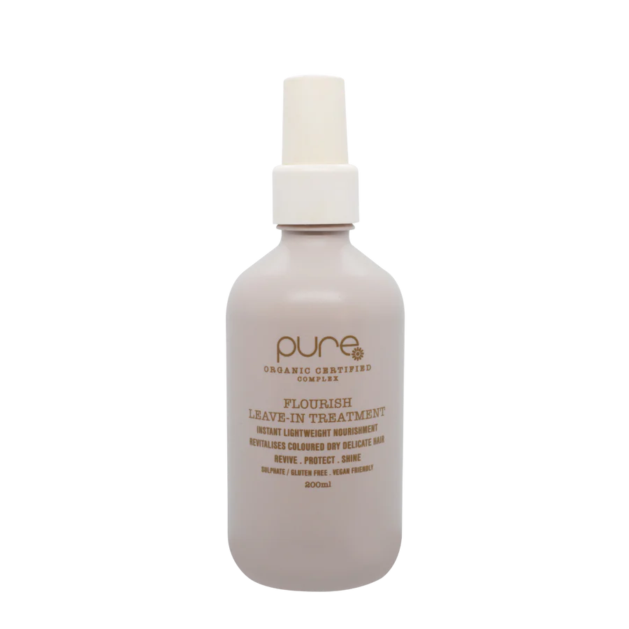 Leave-in hair treatment bottle, translucent beige pump dispenser, 200ml.