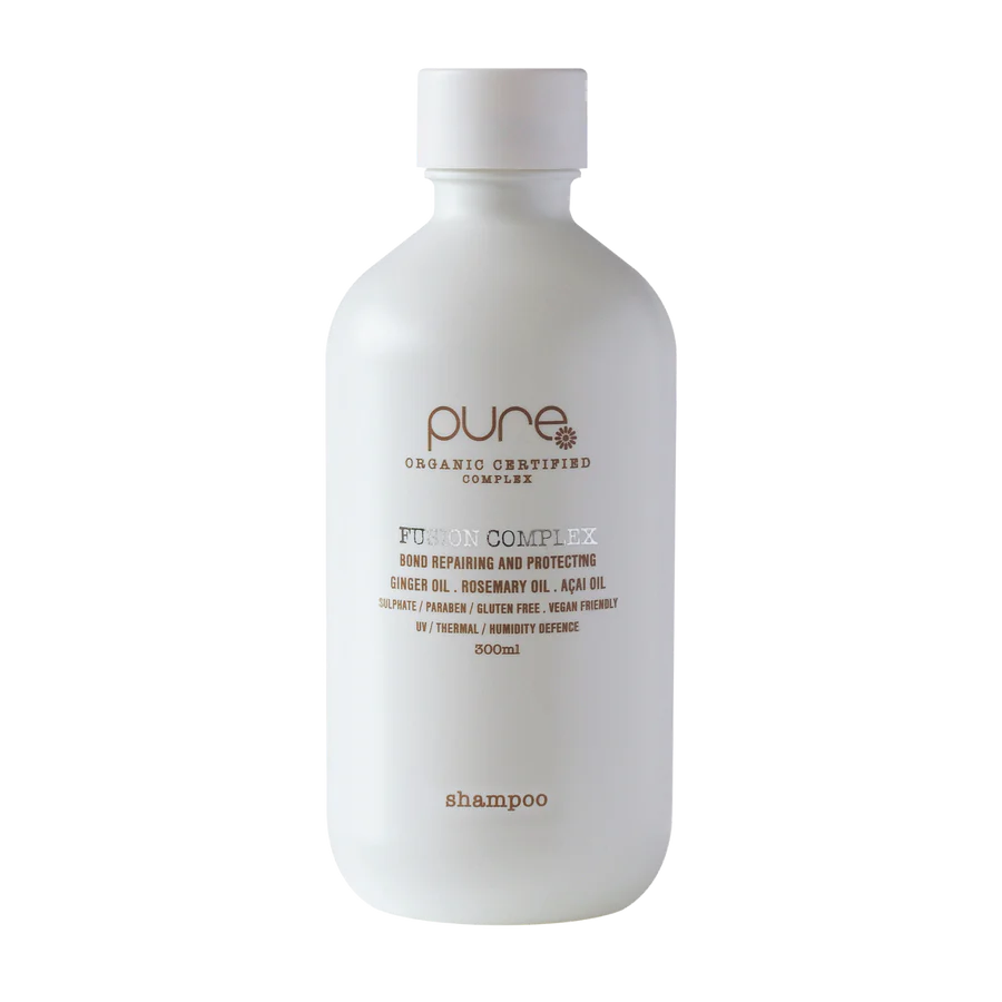 Pure Fusion Complex shampoo bottle, white bottle with gold label, 300 ml