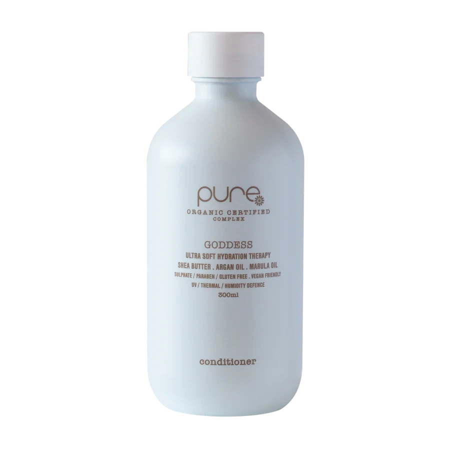 Pure Goddess conditioner bottle, 300ml, with pump-free squeeze top and light blue label