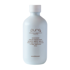 Pure Goddess conditioner bottle, 300ml, with pump-free squeeze top and light blue label
