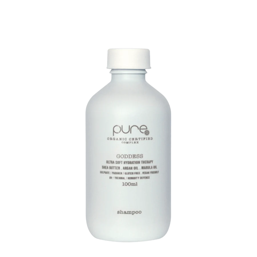 Pure Goddess shampoo bottle, white plastic with flip-top cap, 100ml