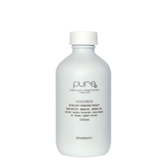 Pure Goddess shampoo bottle, white plastic with flip-top cap, 100ml