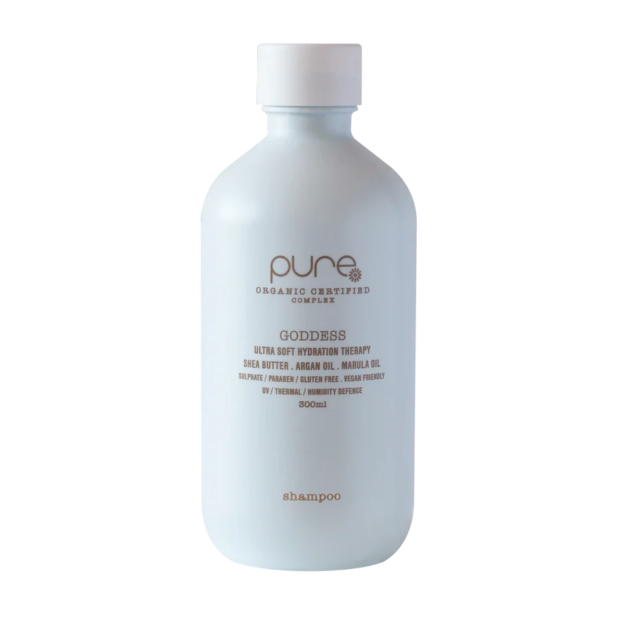 Shampoo bottle, white plastic with gold label text, screw cap, 300 ml