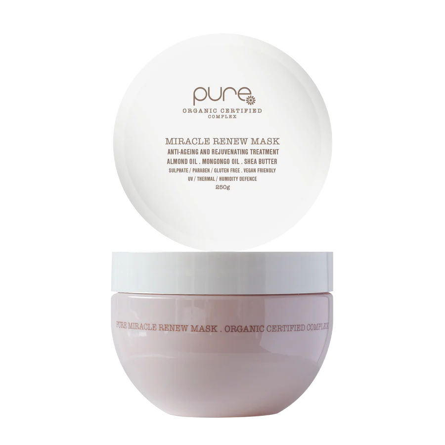 Pure Miracle Renew Mask 250ml jar with white lid and frosted cream container