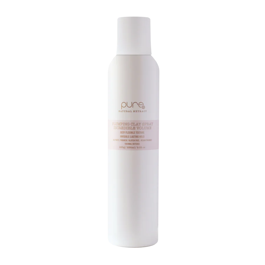Pure plumping clay spray bottle with white plastic cap and label