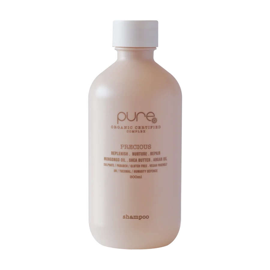 Pure Precious shampoo bottle, 300 ml, beige bottle with white cap and label