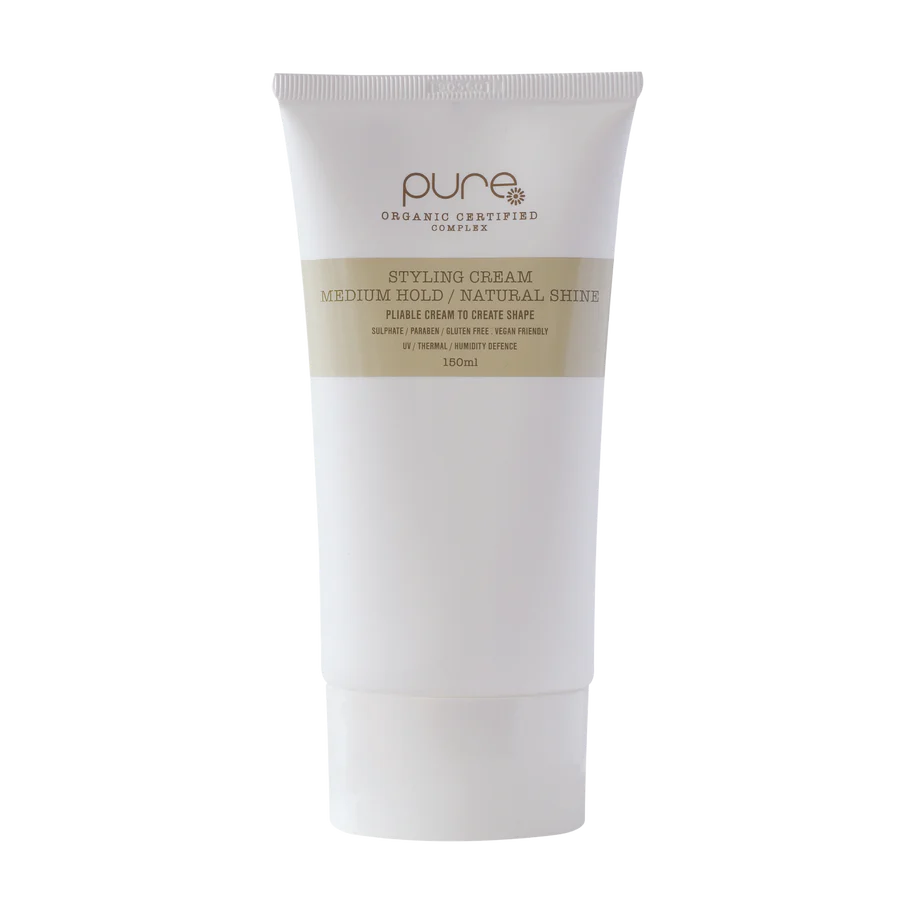 Pure styling cream tube, white with ridged cap and label, 150 ml.