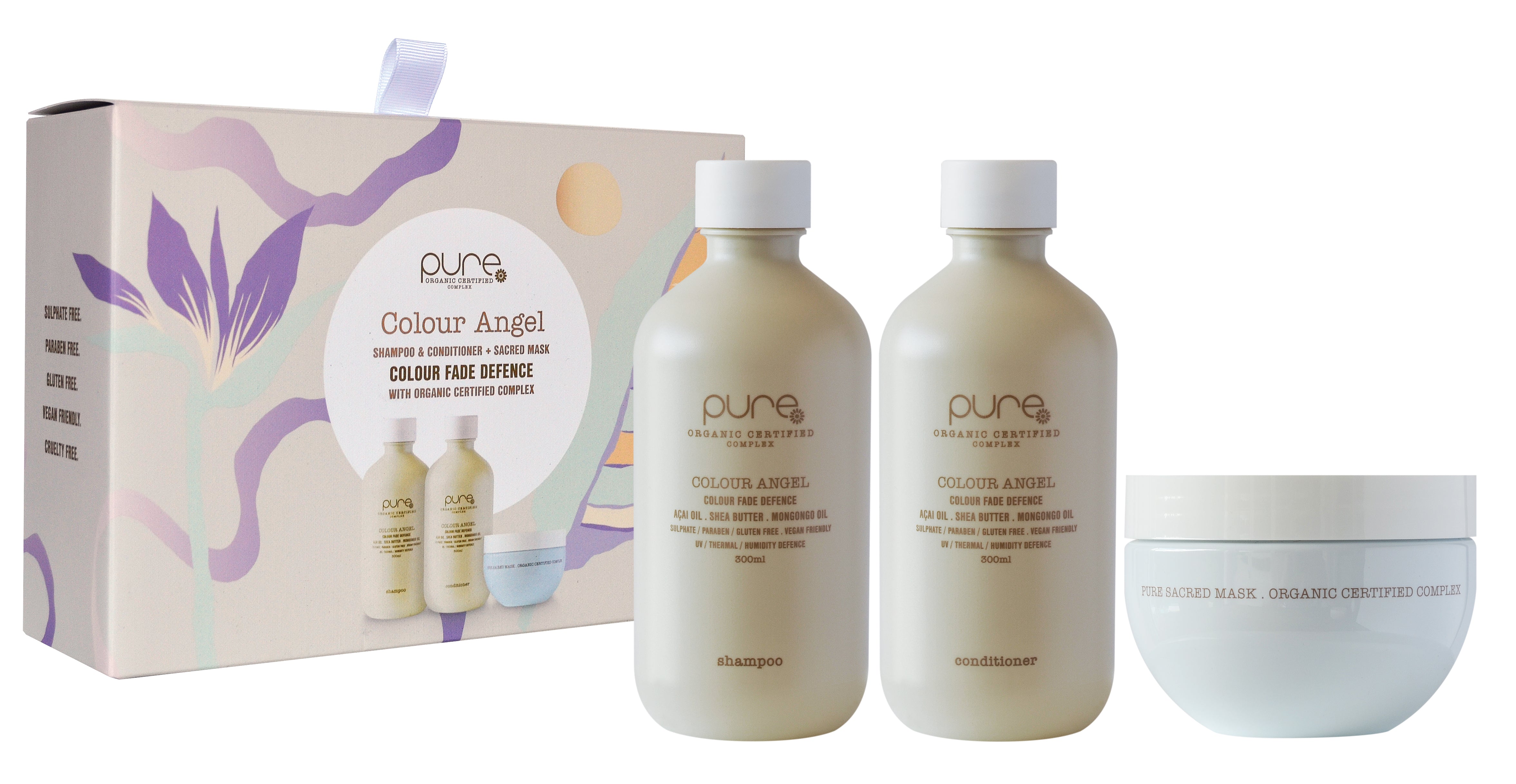 Colour Angel trio gift set with two beige bottles and pale blue cream jar in box