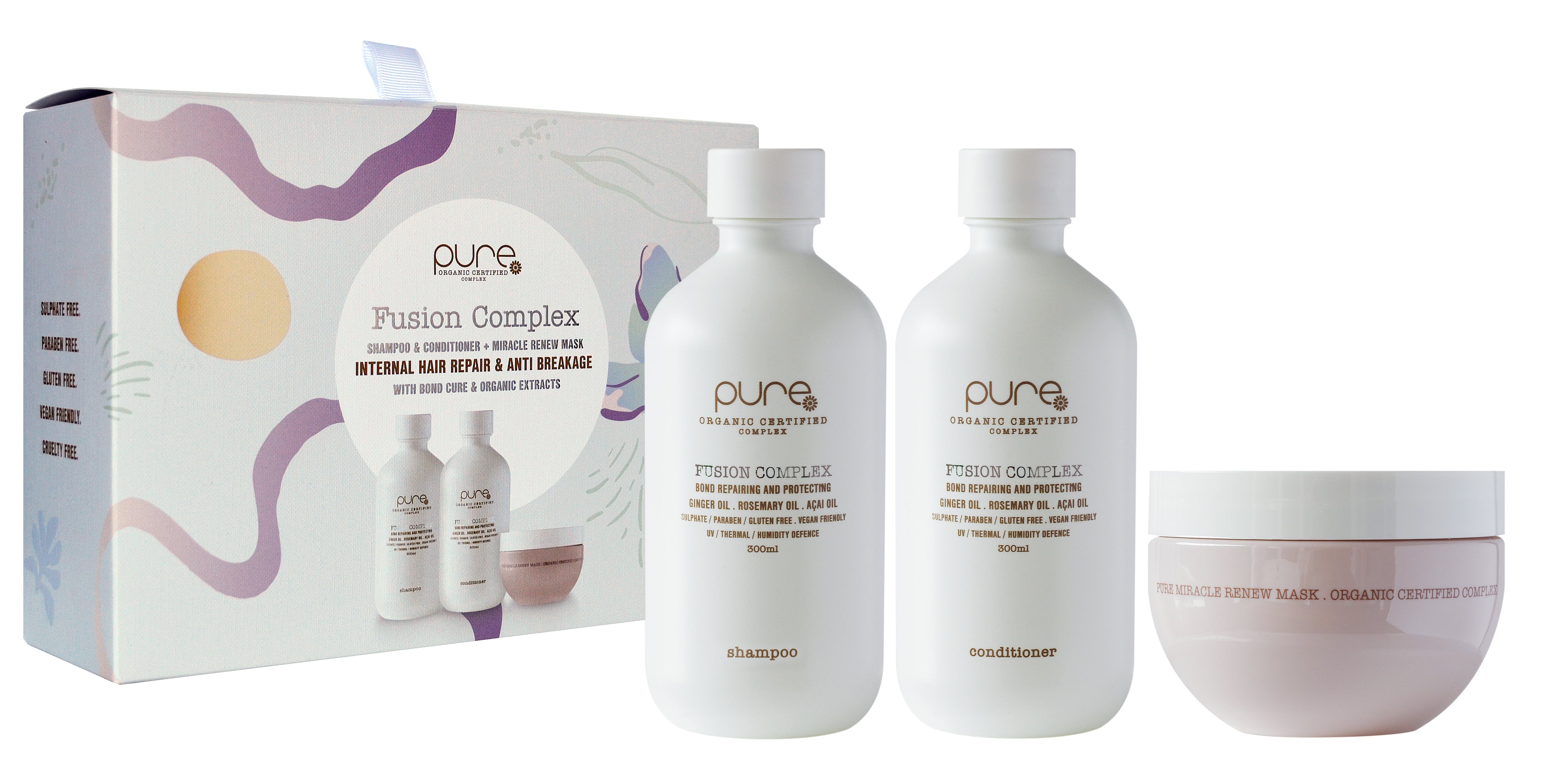 Organic hair care gift set with shampoo, conditioner bottles and hair mask jar