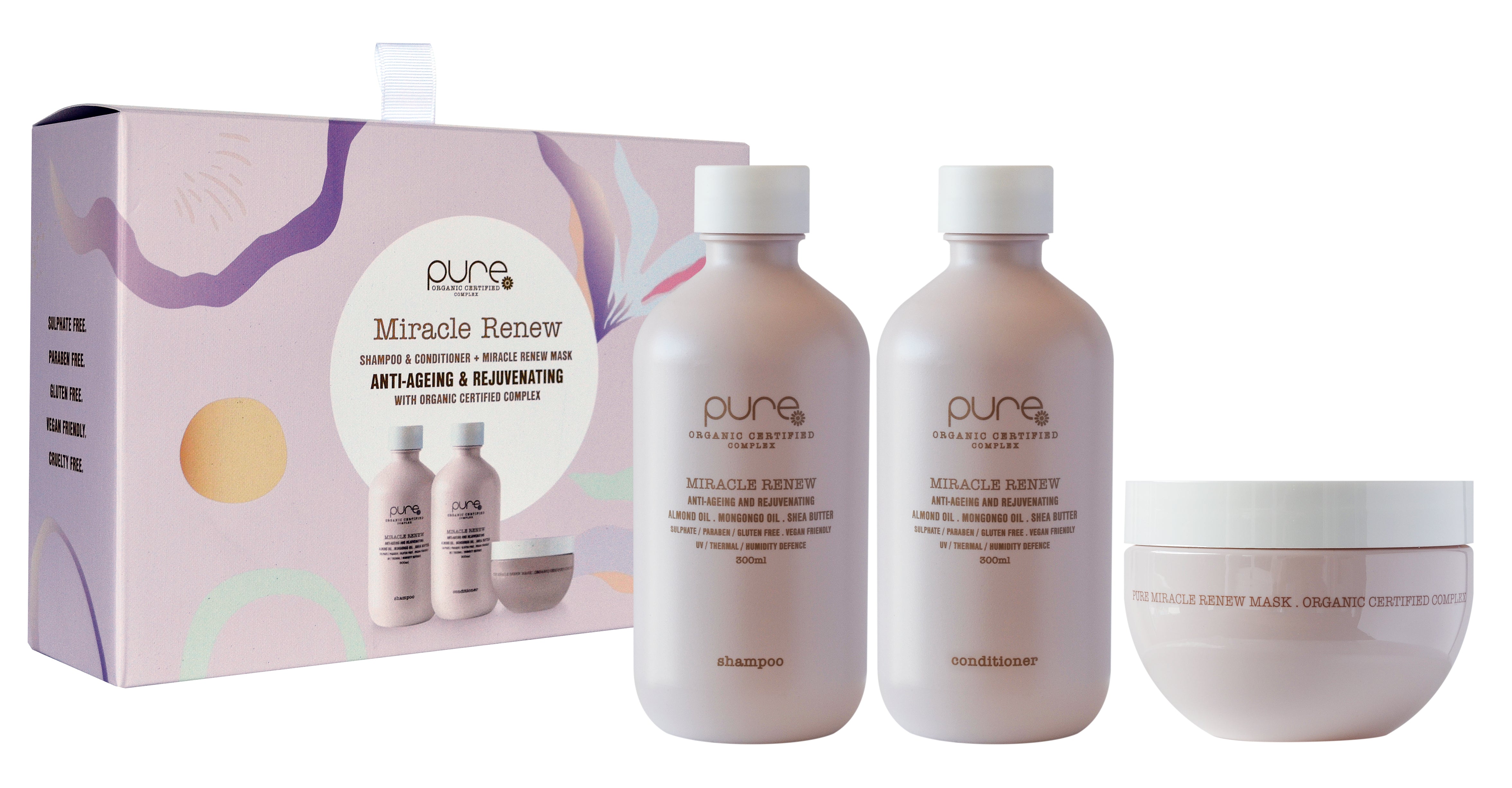 Organic skincare gift set with three bottles and a cream jar, white and beige labels