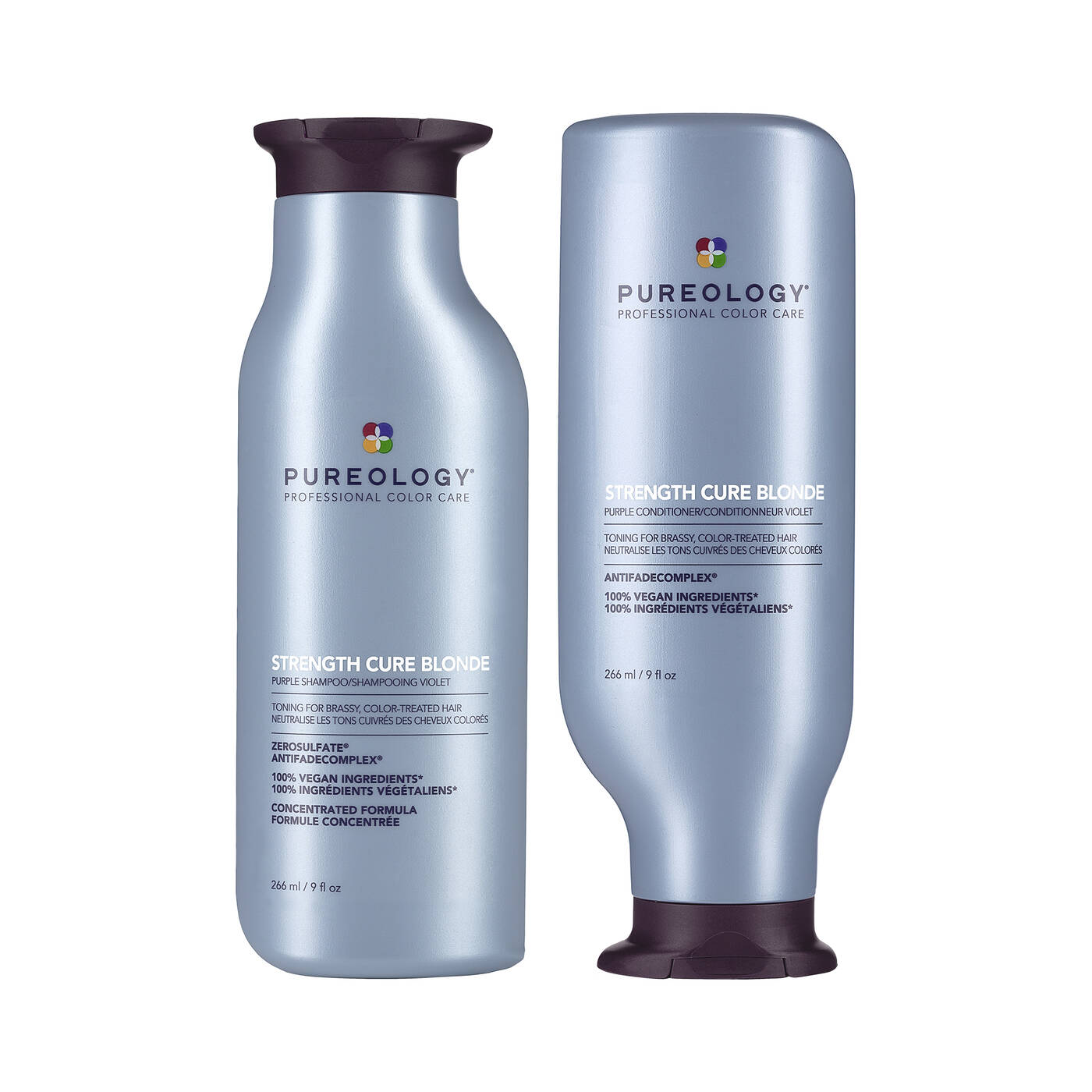 Hair care shampoo and conditioner bottles with metallic blue labels and dark caps