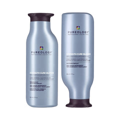 Hair care shampoo and conditioner bottles with metallic blue labels and dark caps