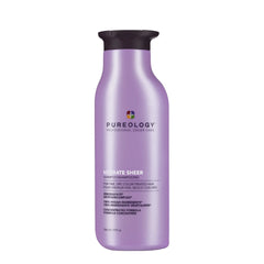 Pureology Hydrate Sheer shampoo bottle, purple with black cap