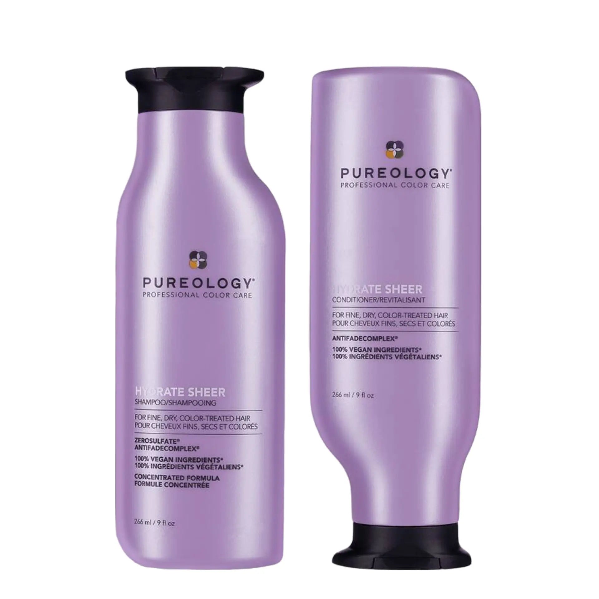 Pureology Hydrate Sheer shampoo and conditioner bottles, purple with black caps