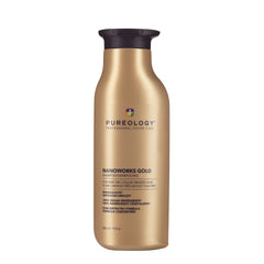 Pureology Nanoworks Gold shampoo bottle, gold with black cap