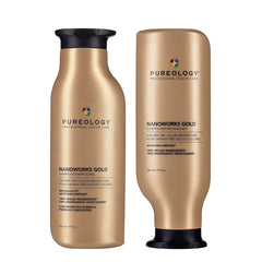 Pureology Nanoworks Gold shampoo and conditioner bottles, gold with black caps