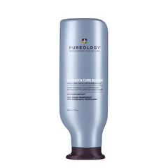 Hair care bottle with metallic blue label, dark cap, and Pureology branding