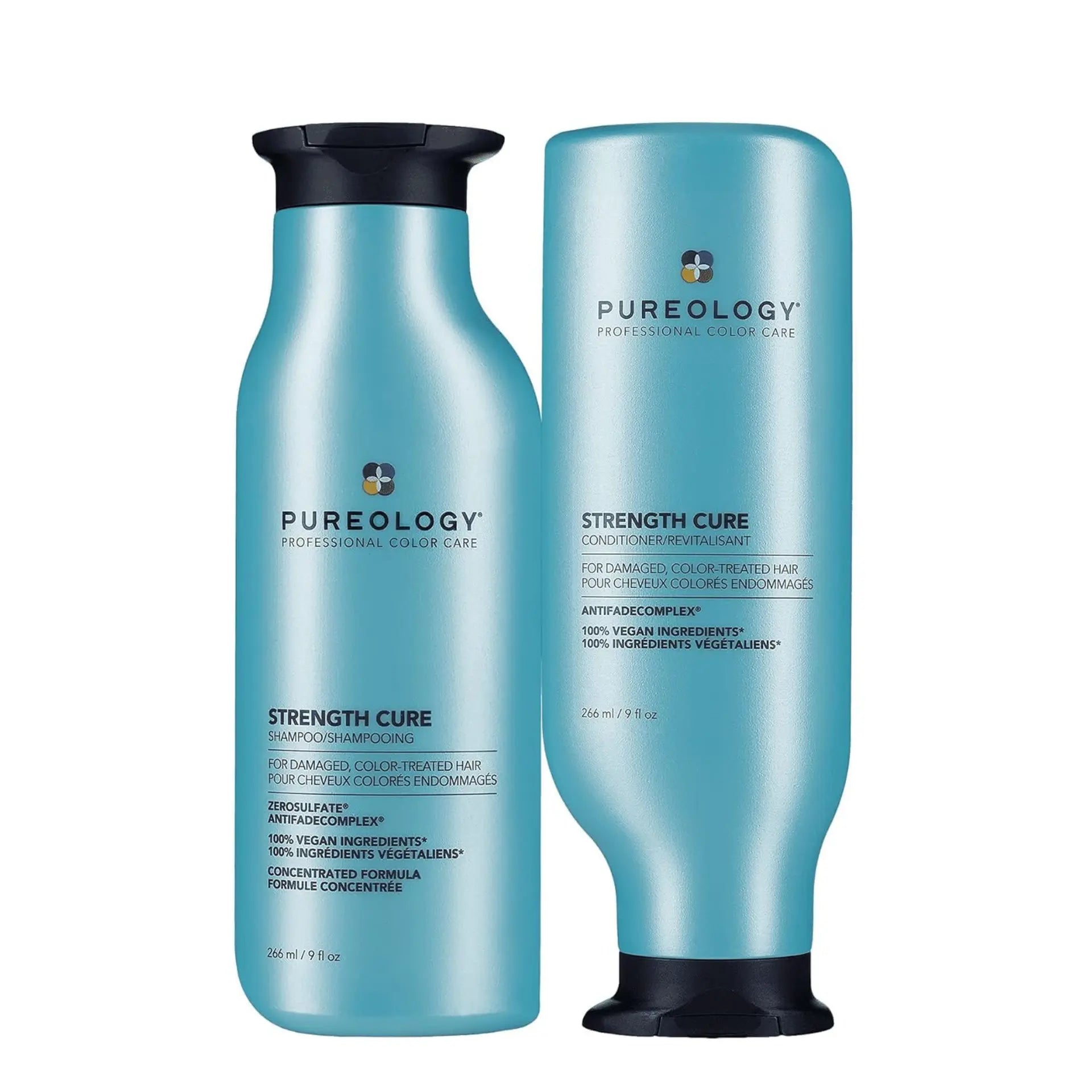 Strength Cure shampoo and conditioner bundle, two blue bottles with dark caps