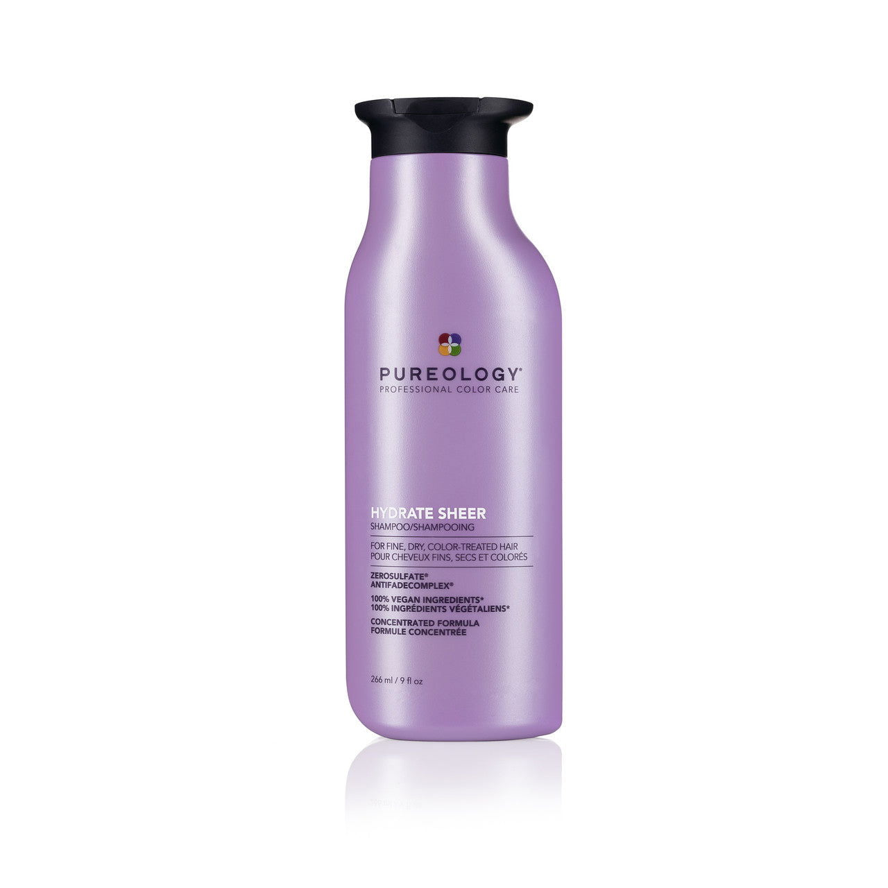 Pureology Hydrate Sheer shampoo bottle with purple bottle and black cap