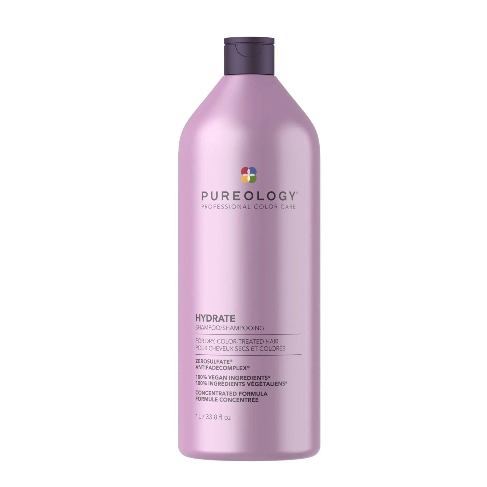 Pureology Hydrate shampoo bottle, purple plastic with dark cap