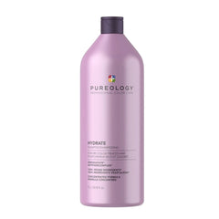 Pureology Hydrate shampoo bottle, purple plastic with dark cap