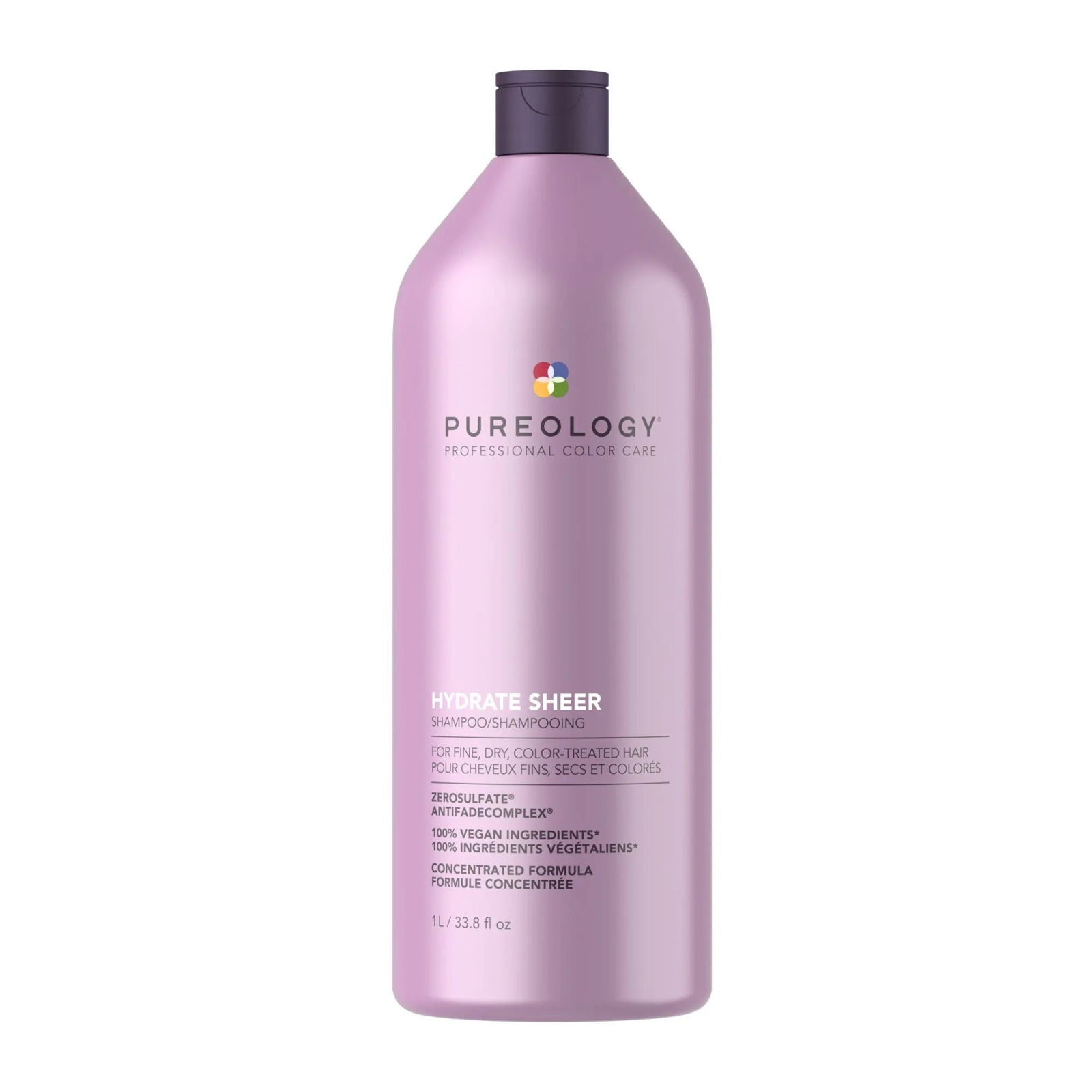 Pureology Hydrate Sheer shampoo bottle, large 1000ml, purple bottle with dark cap.
