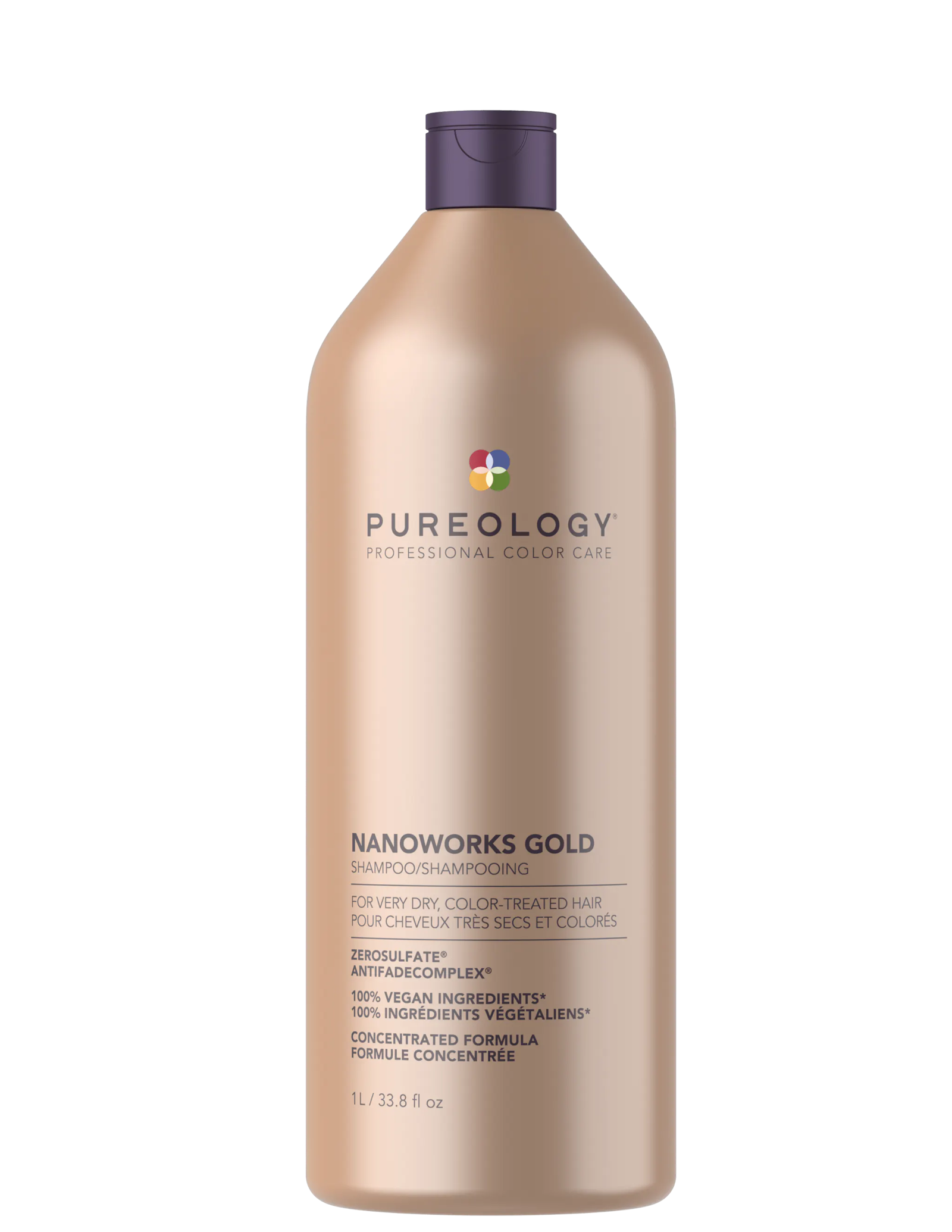 Pureology Nanoworks Gold shampoo bottle, beige bottle with purple cap and logo.