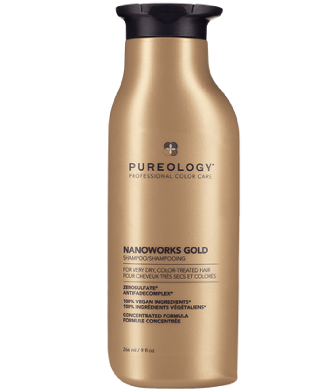 Pureology Nanoworks Gold shampoo bottle, gold with black cap